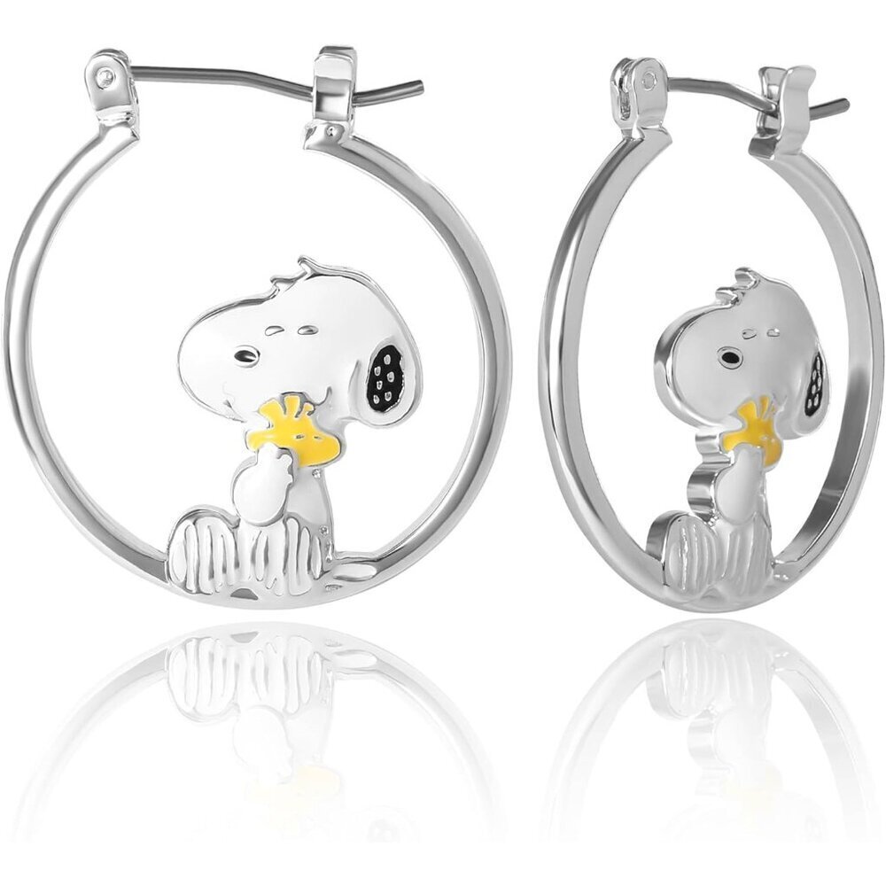 Silver Flash-Plated Hoop Earrings with Snoopy Woodstock Pendant for Women
